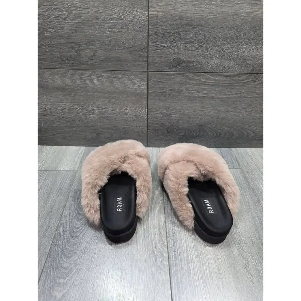 ROAM preppy Y2K Cloud Slippers Faux Fur flat Beige Sz 6 S000084 - Picture 6 of 9